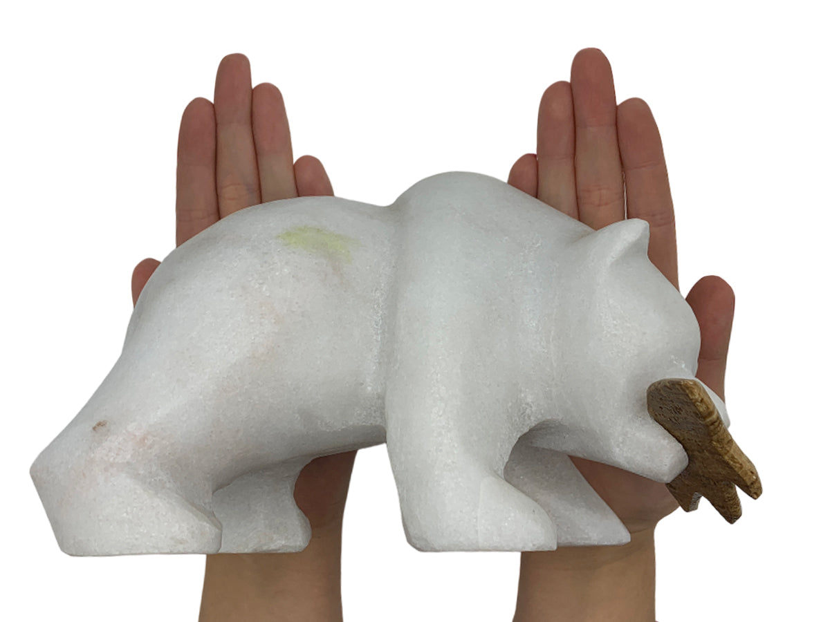 White Marble Grizzly Bear W/ Brown Onyx Fish
