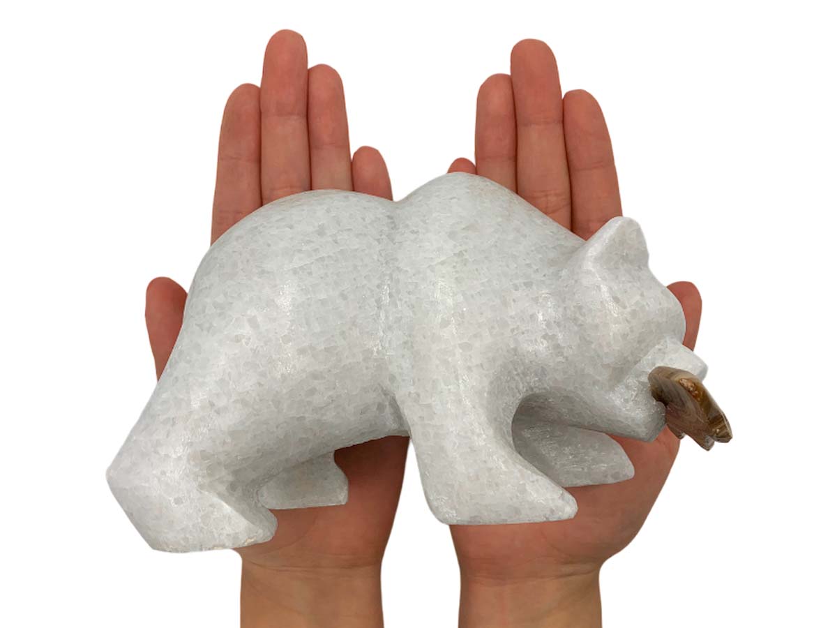 White Marble Grizzly Bear W/ Brown Onyx Fish