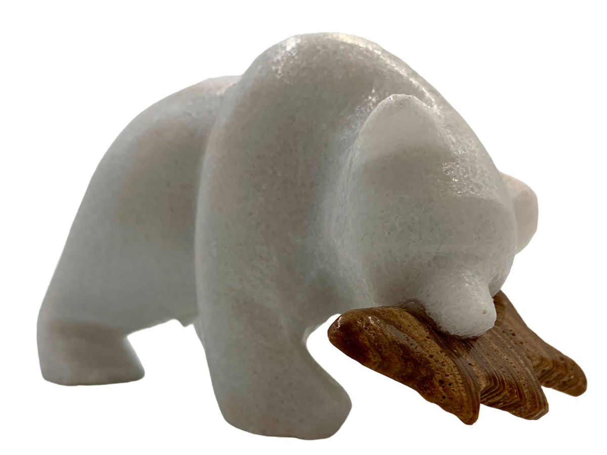 White Marble Grizzly Bear W/ Brown Onyx Fish