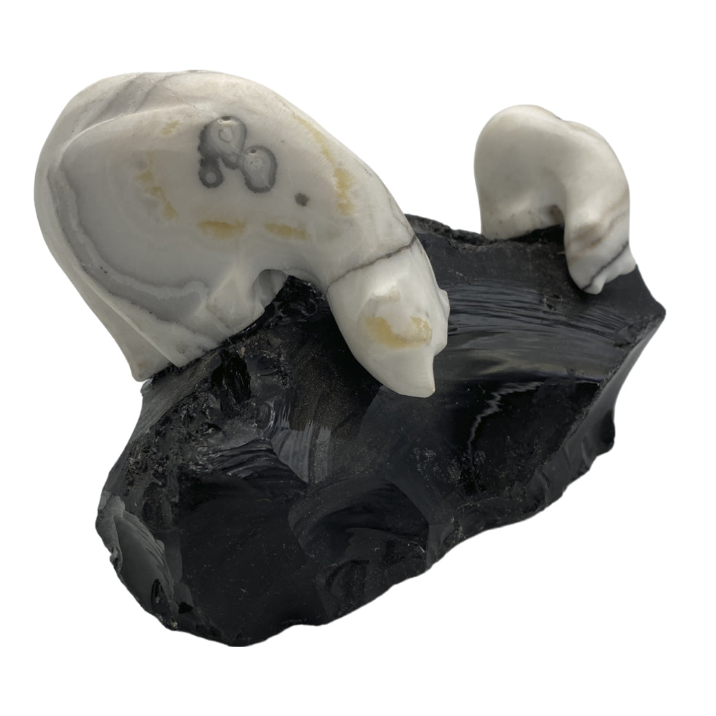 Zebra Calcite Polar Bear Pair on Obsidian Base