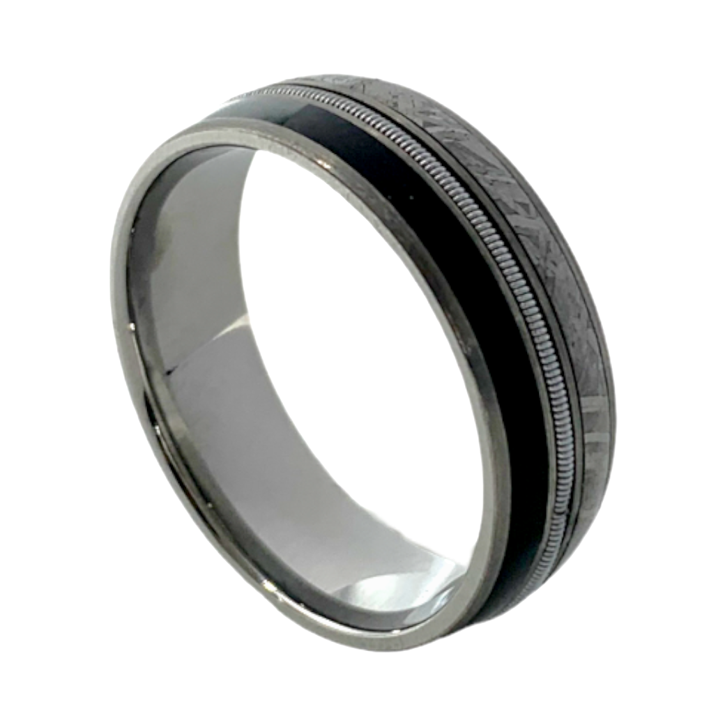 Square Tungestem ring with meteorite