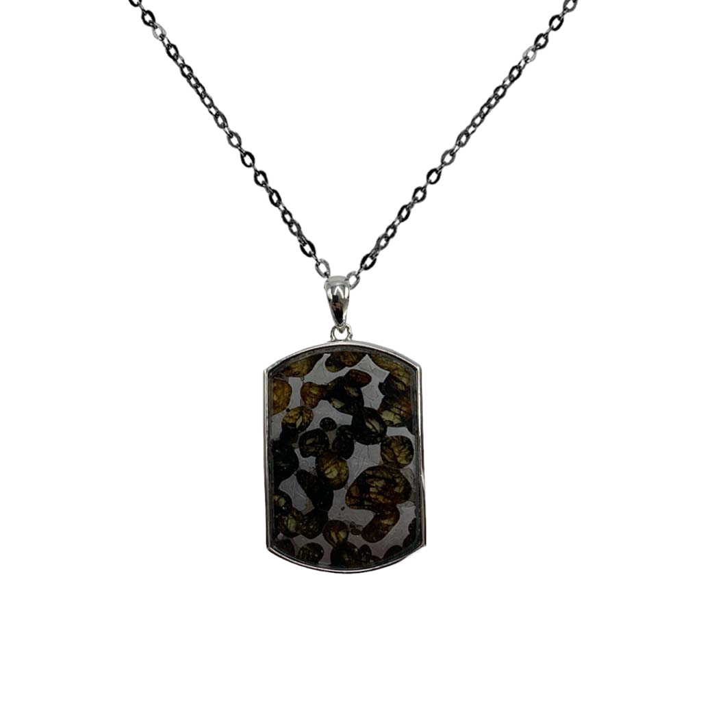 Rectangular pendant with sliced Sericho Pallasite meteorite