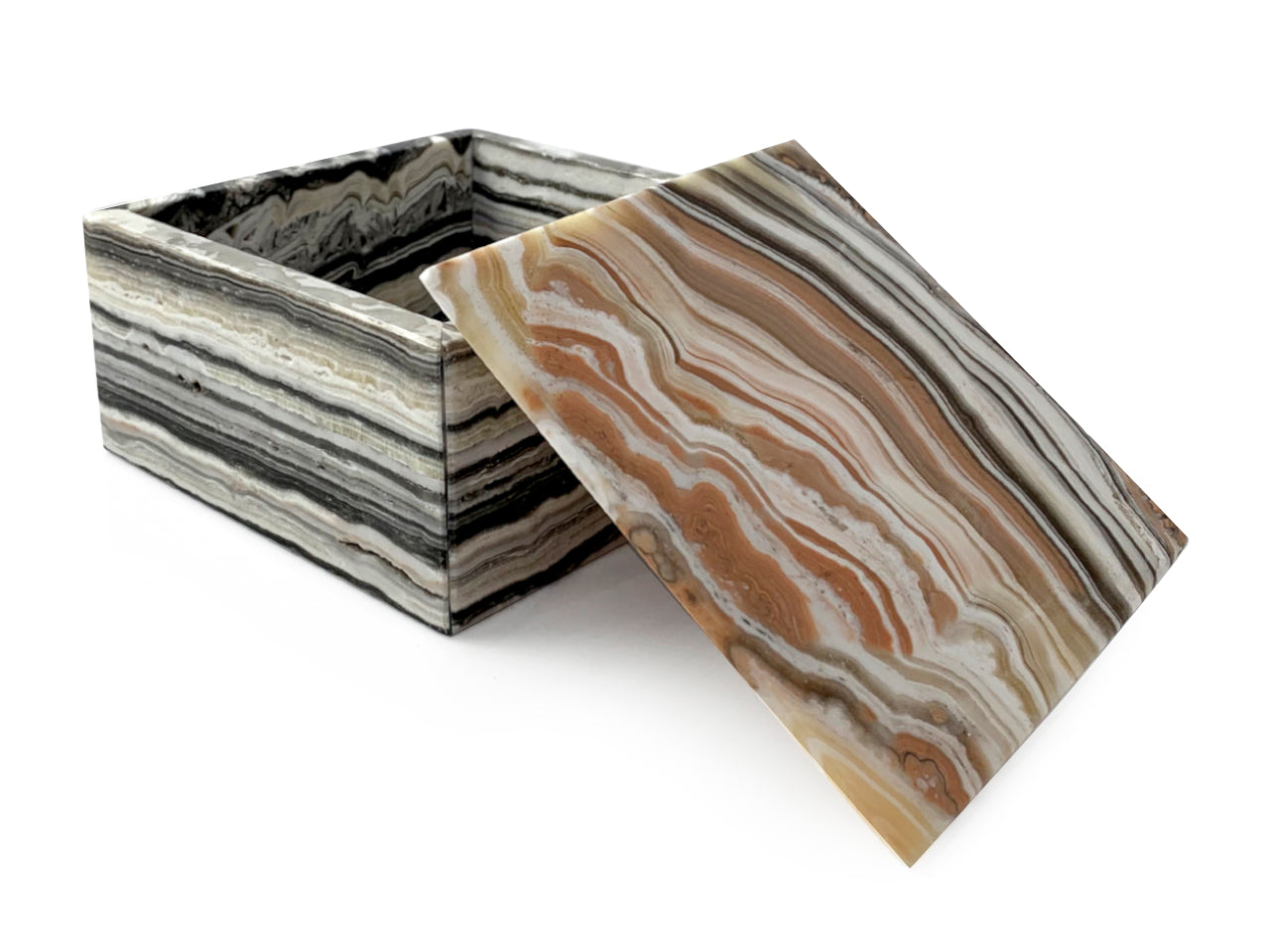 Polished zebra onyx square jewelry box 8 cm tall