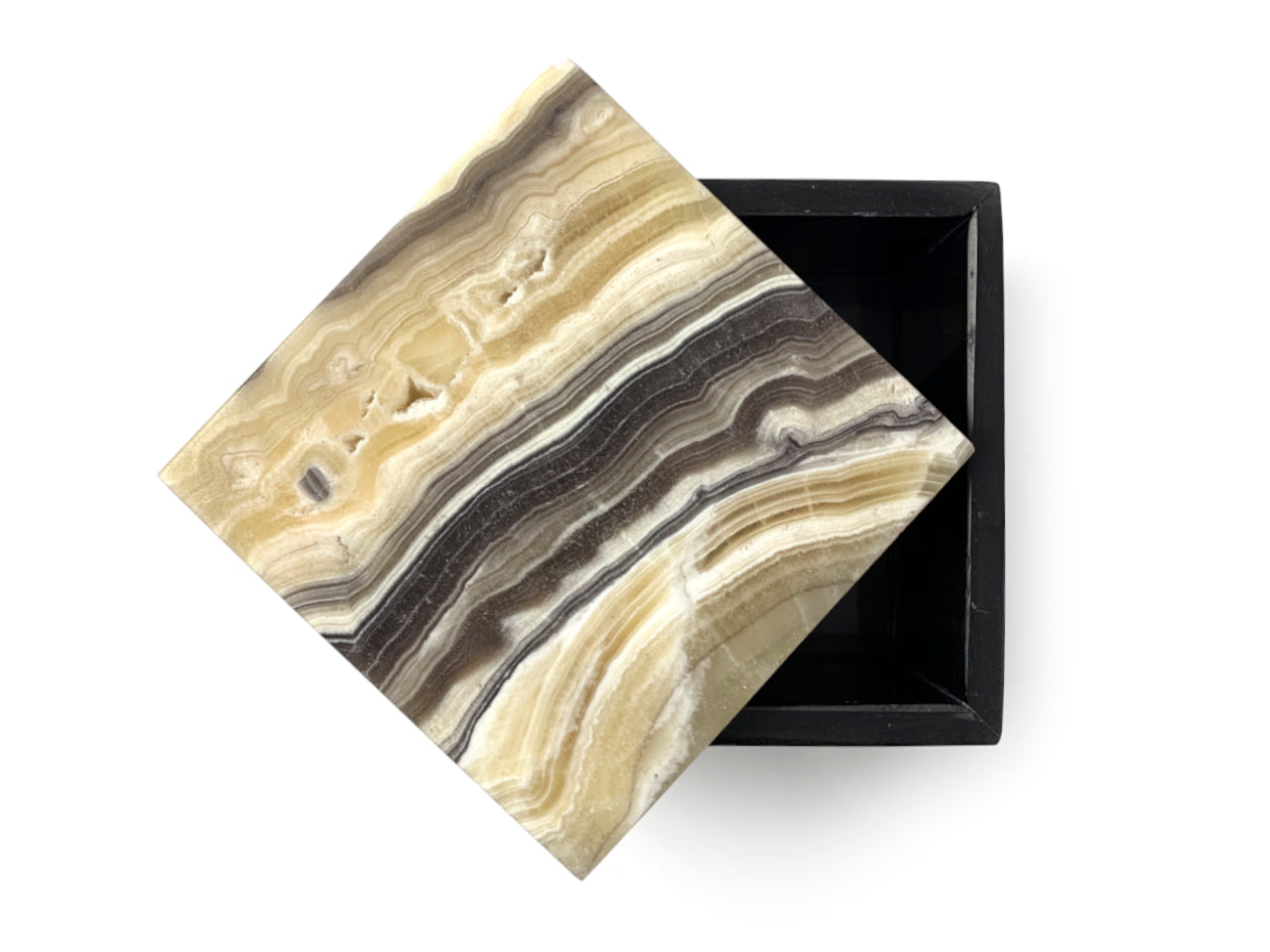Black Onyx Jewelry Box w/ Zebra Onyx Lid (15x15x8.5cm)