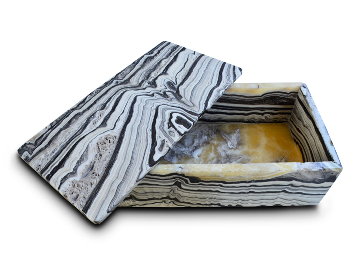 Polished zebra onyx prism jewelry box 8 cm tall