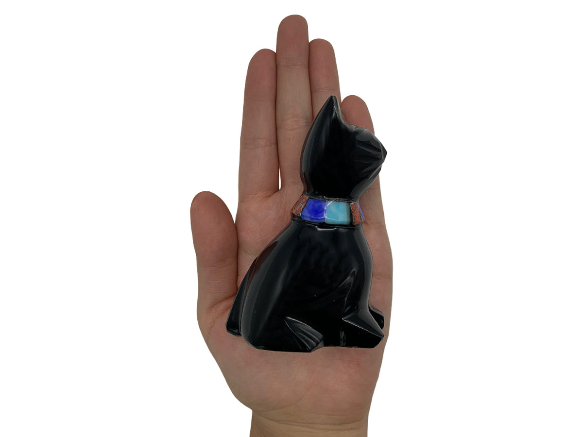 Black Obsidian Cat W/Various Necklace Polished 5X3.5X8.5 Cm