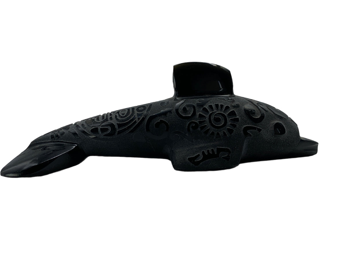 Black Obsidian Dolphin with Aztec Carvings