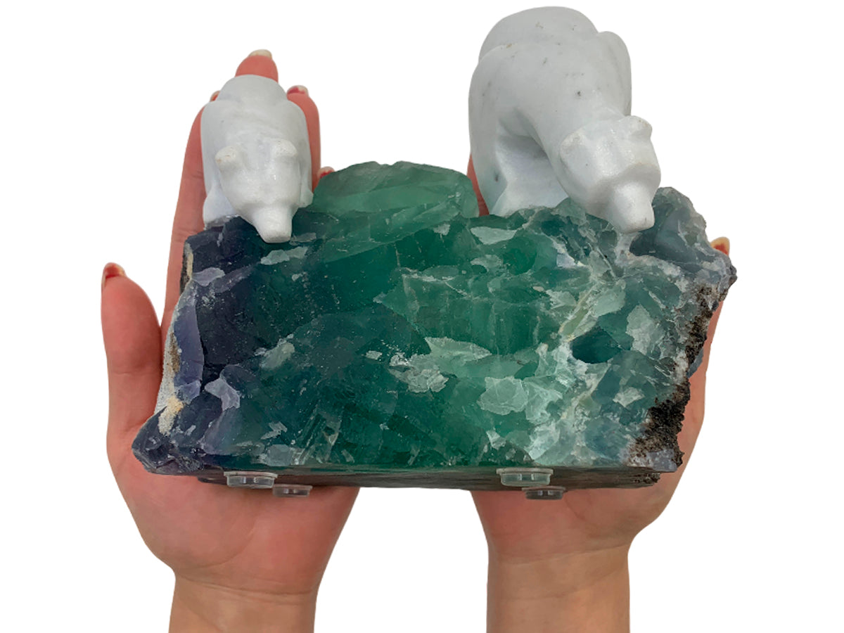 White Marble Pair Polar Bear W/Irregular Base Fluorite
