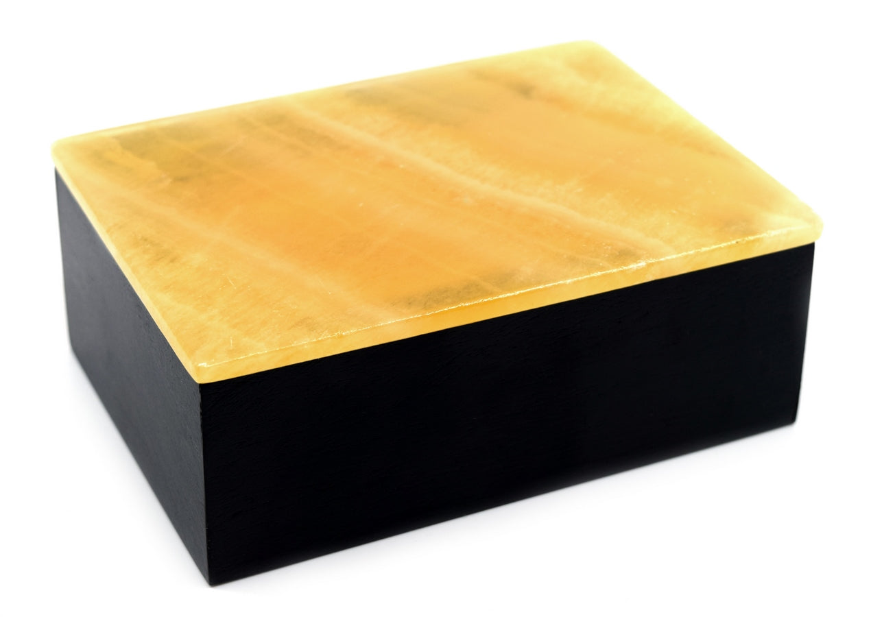 Black Onyx Jewelry Box w /Orange Calcite Lid (5cm)