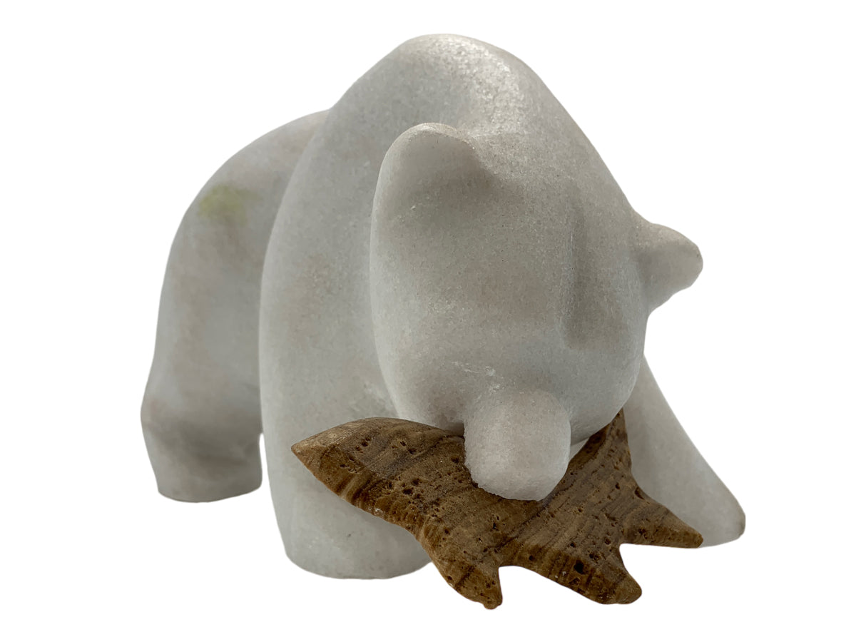 White Marble Grizzly Bear W/ Brown Onyx Fish