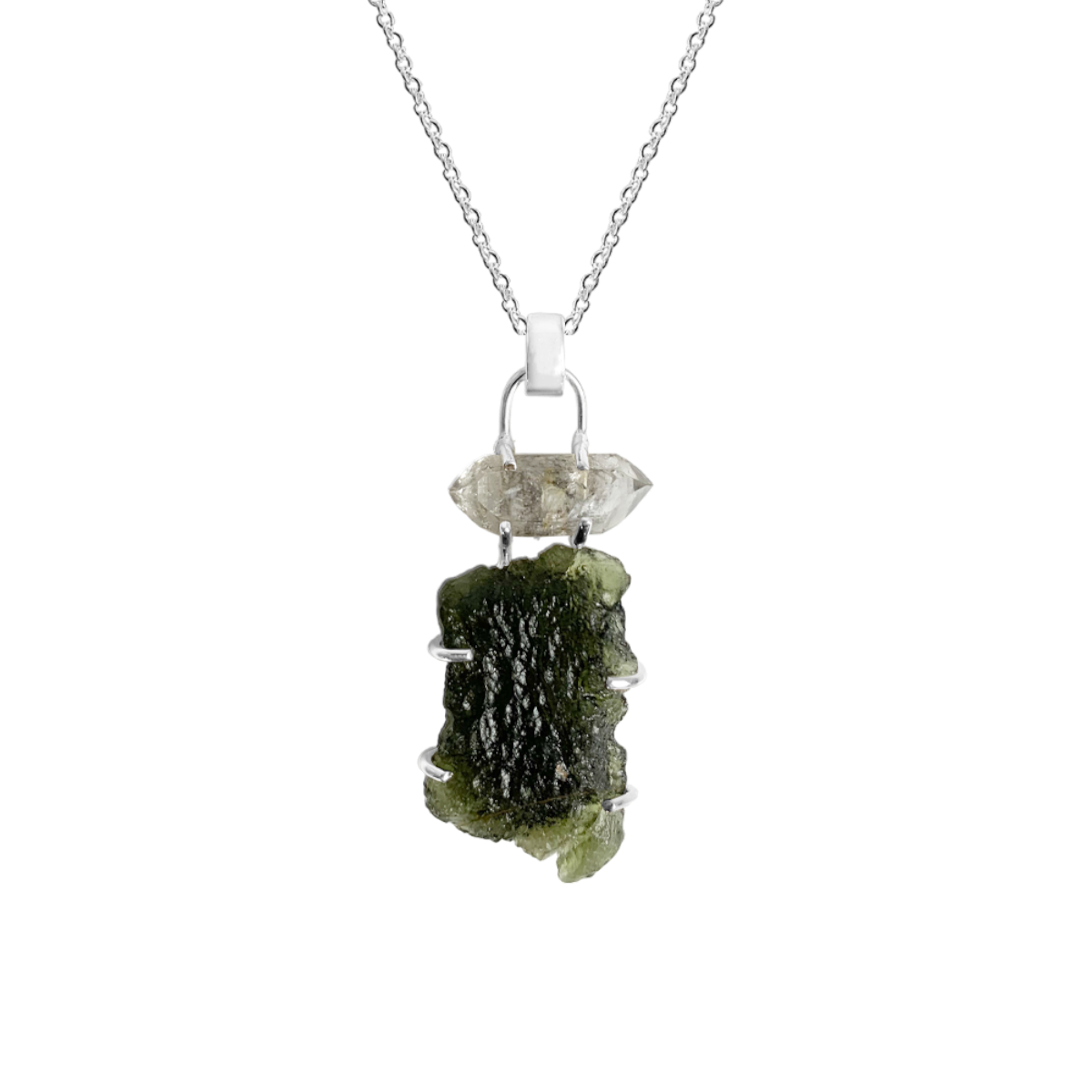 Moldavite and Herkimer short necklace 925 silver