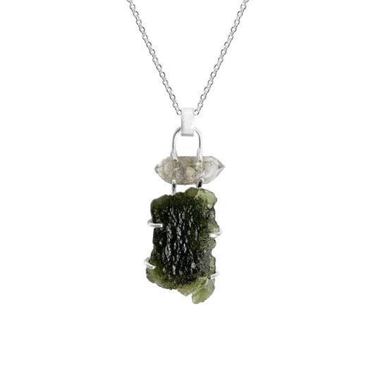 Moldavite and Herkimer short necklace 925 silver