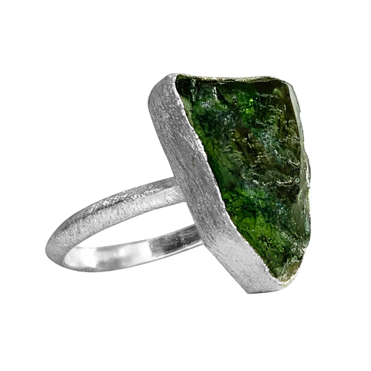 Rustic ring with Moldavite 925 silver