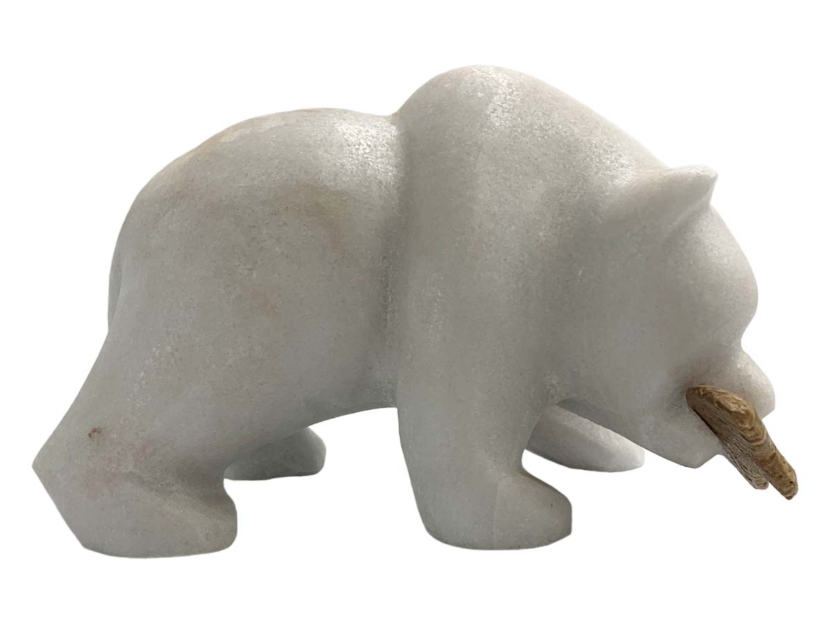 White Marble Grizzly Bear W/ Brown Onyx Fish
