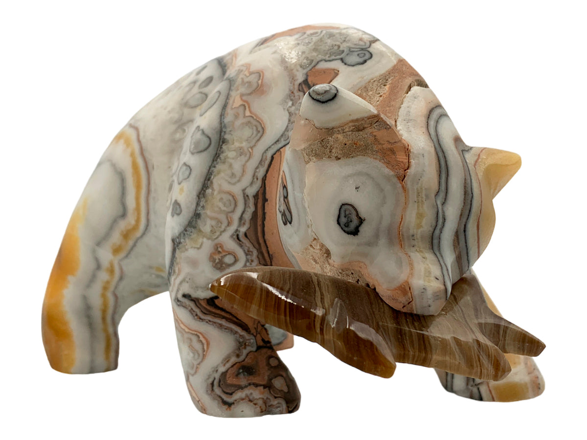 Zebra Calcite Grizzly Bear W/ Brown Onyx Fish