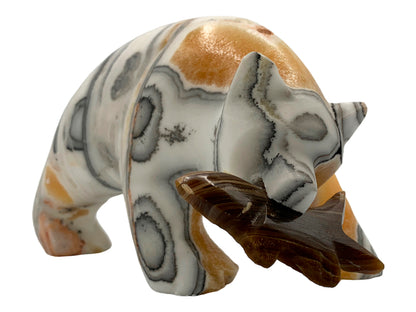 Zebra Calcite Grizzly Bear W/ Brown Onyx Fish