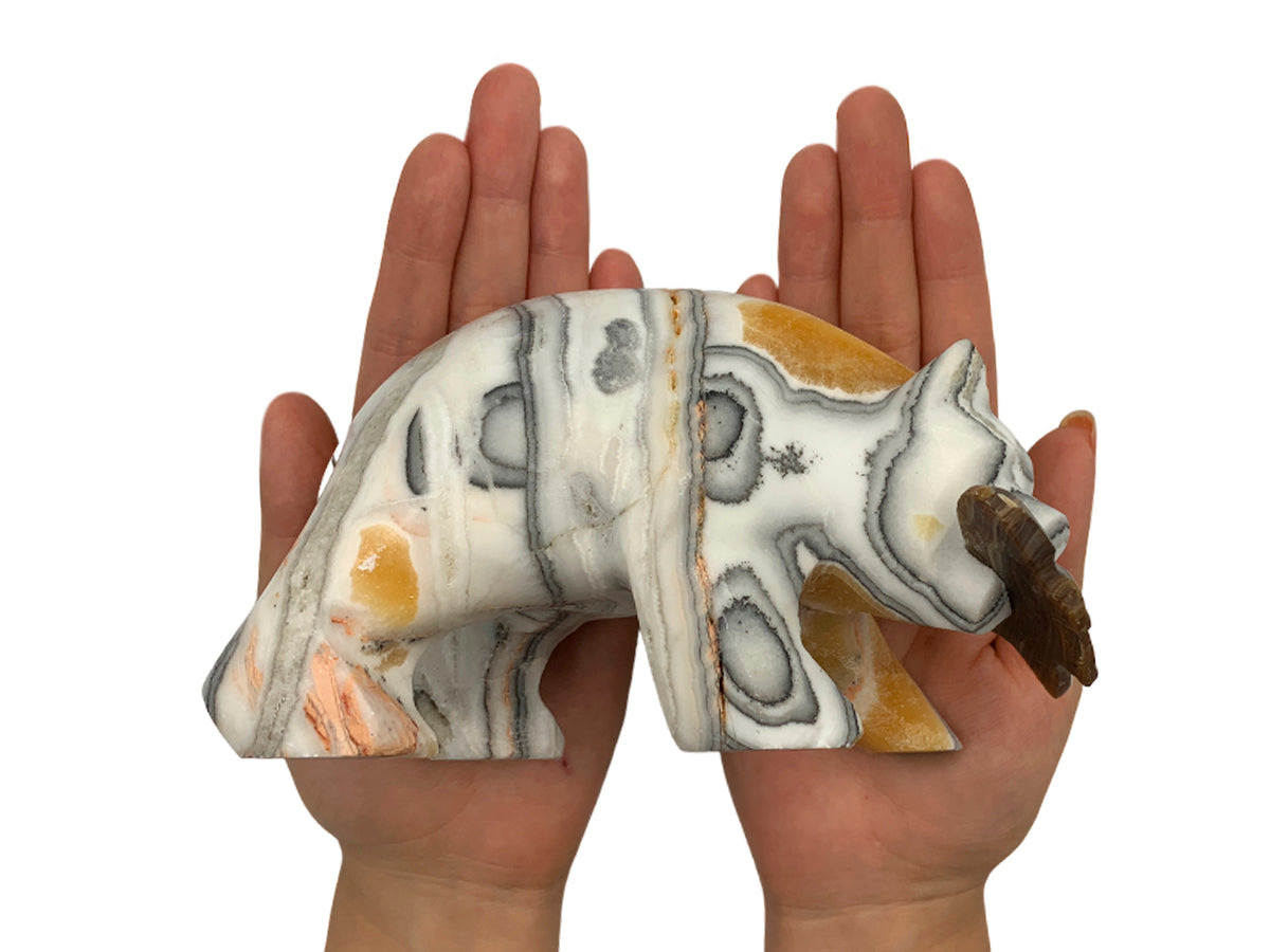 Zebra Calcite Grizzly Bear W/ Brown Onyx Fish