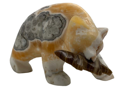 Zebra Calcite Grizzly Bear W/ Brown Onyx Fish