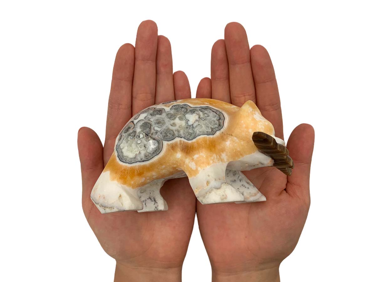 Zebra Calcite Grizzly Bear W/ Brown Onyx Fish