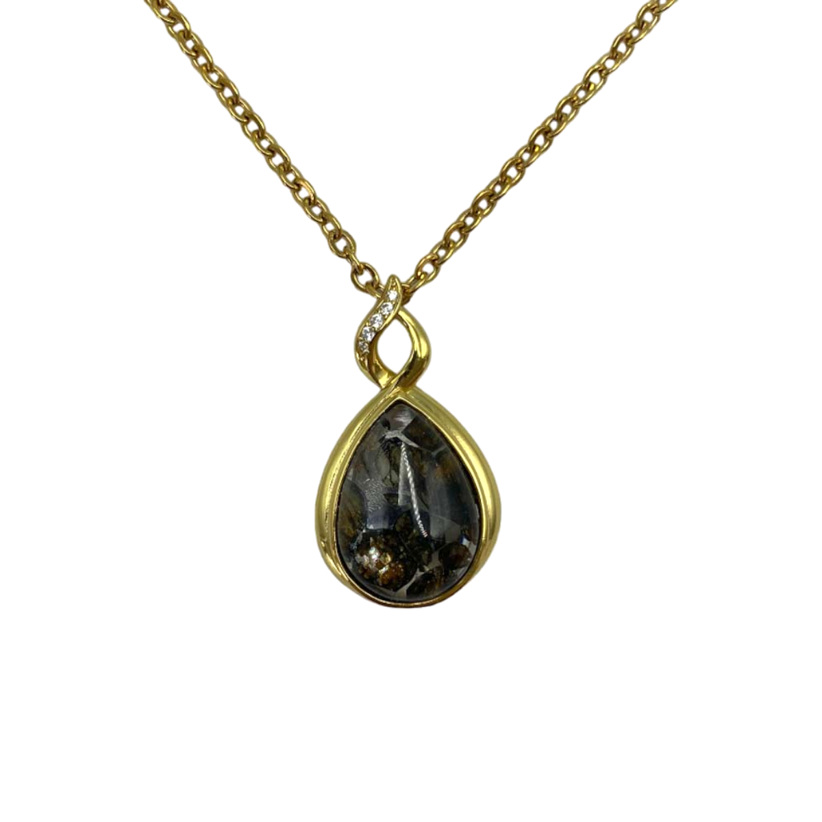 Drop-shaped Sericho Pallasite meteorite pendant necklace with silver