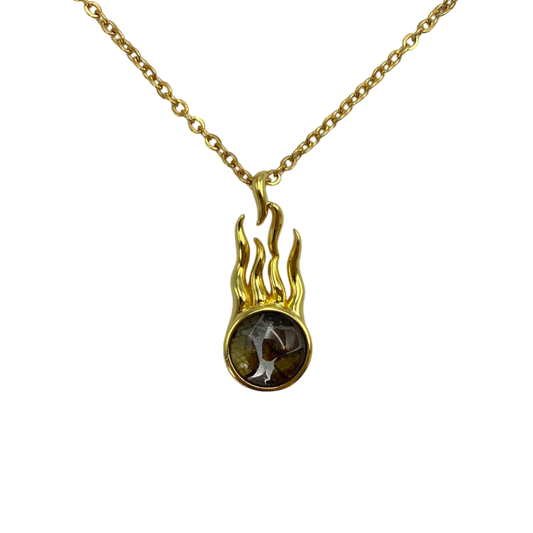 Flame-shaped Sericho Pallasite meteorite pendant necklace with silver