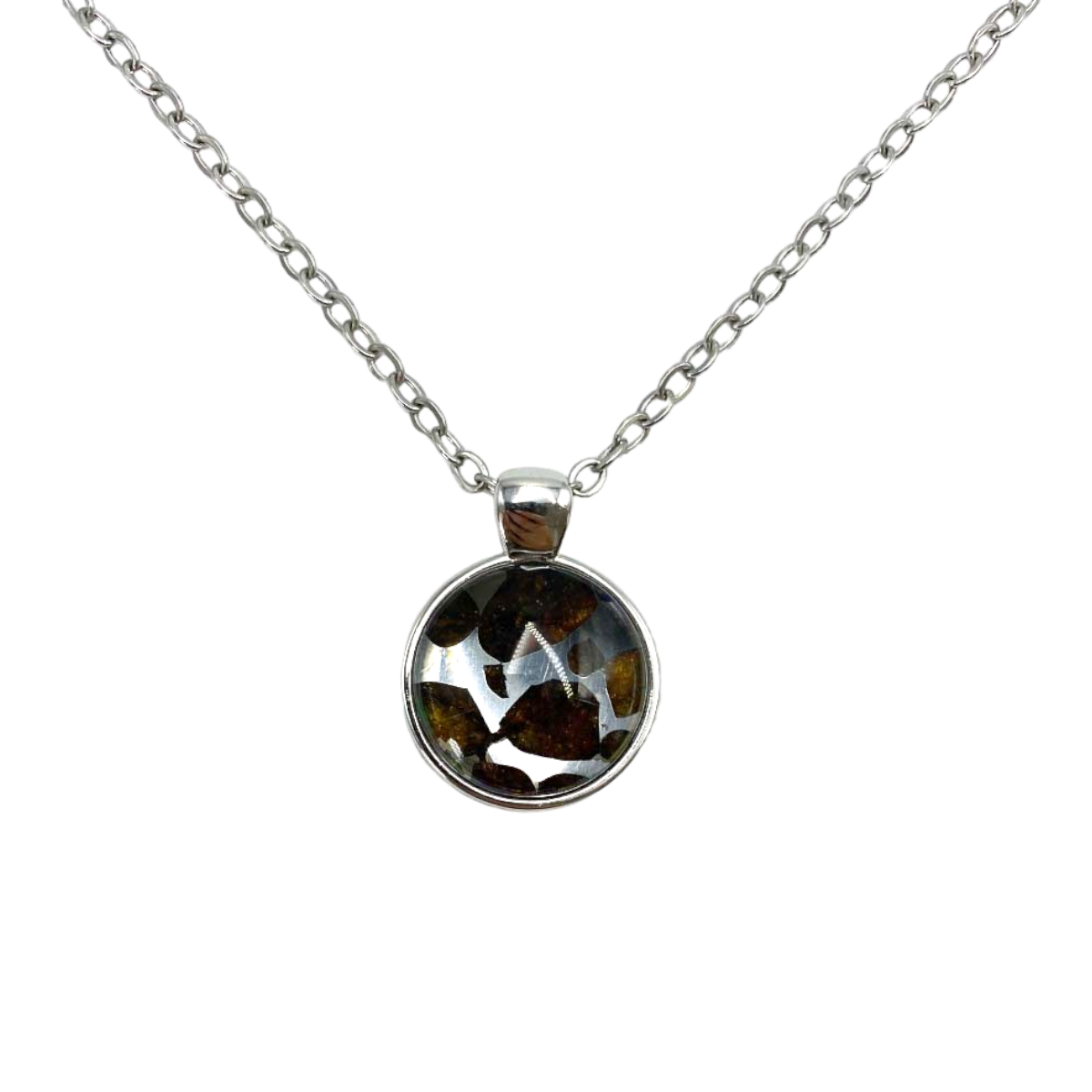 Circular Sericho Pallasite meteorite pendant necklace with silver