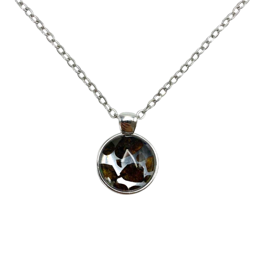 Circular Sericho Pallasite meteorite pendant necklace with silver