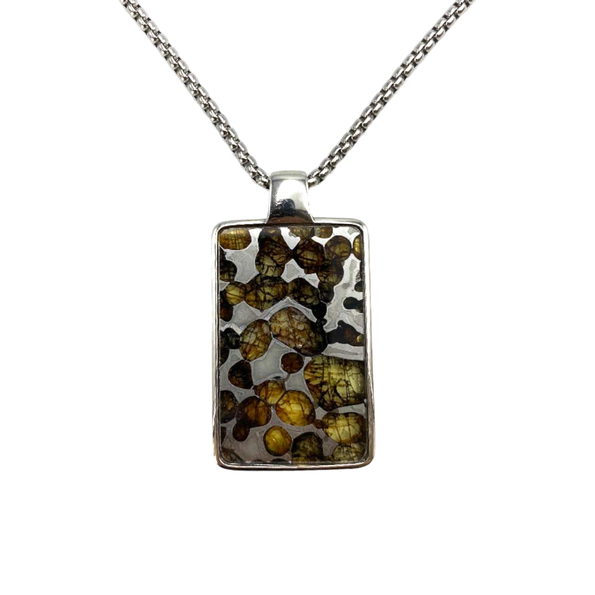 Rectangular Sericho Pallasite meteorite pendant necklace