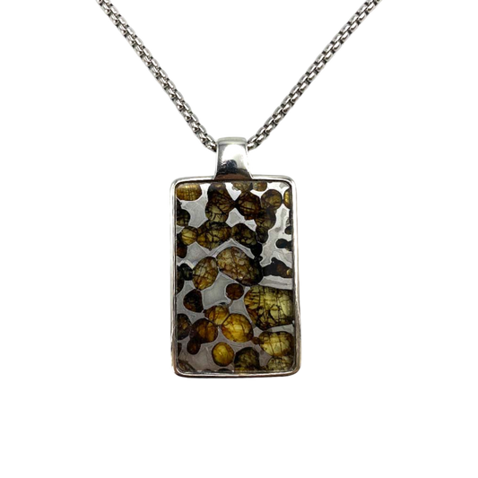Rectangular Sericho Pallasite meteorite pendant necklace