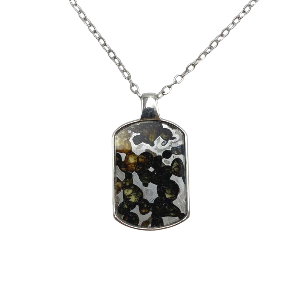 Rectangular Sericho Pallasite meteorite pendant necklace with silver