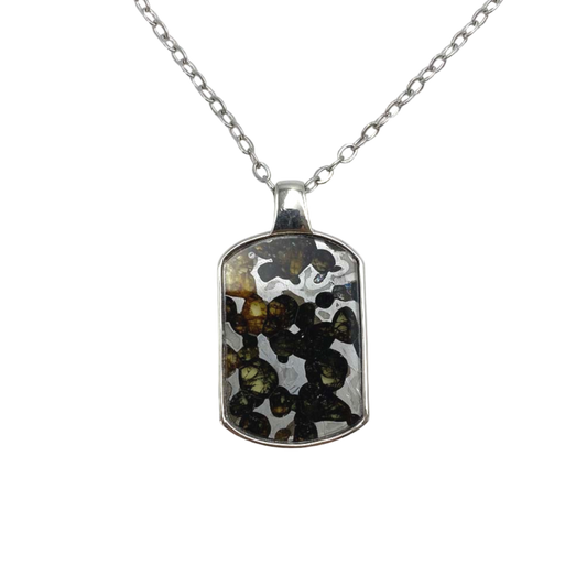 Rectangular Sericho Pallasite meteorite pendant necklace with silver