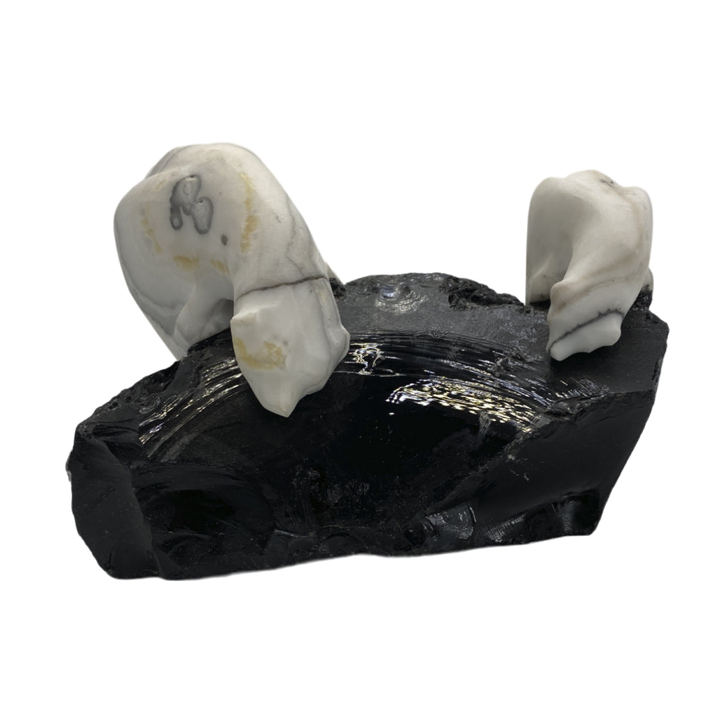 Zebra Calcite Polar Bear  Pair on Obsidian Base