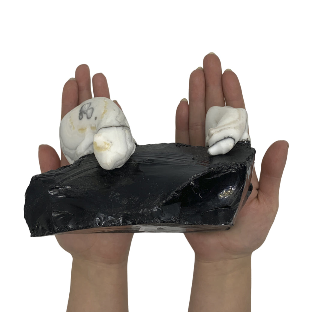 Zebra Calcite Polar Bear  Pair on Obsidian Base