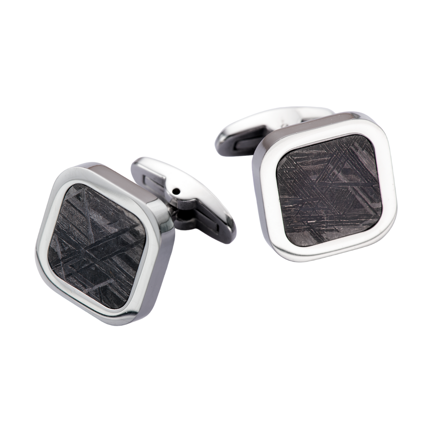 Pair of square cufflinks with 1.5 cm cabochon meteorite