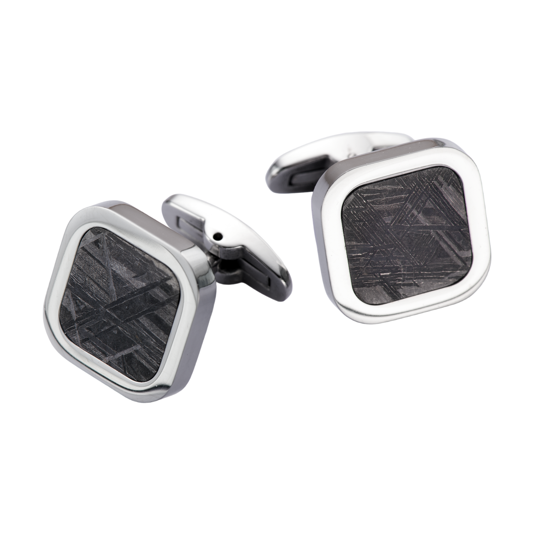 Pair of square cufflinks with 1.5 cm cabochon meteorite
