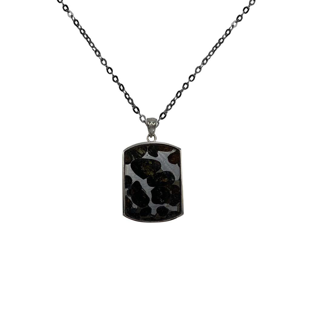 Rectangular pendant with sliced Sericho Pallasite meteorite