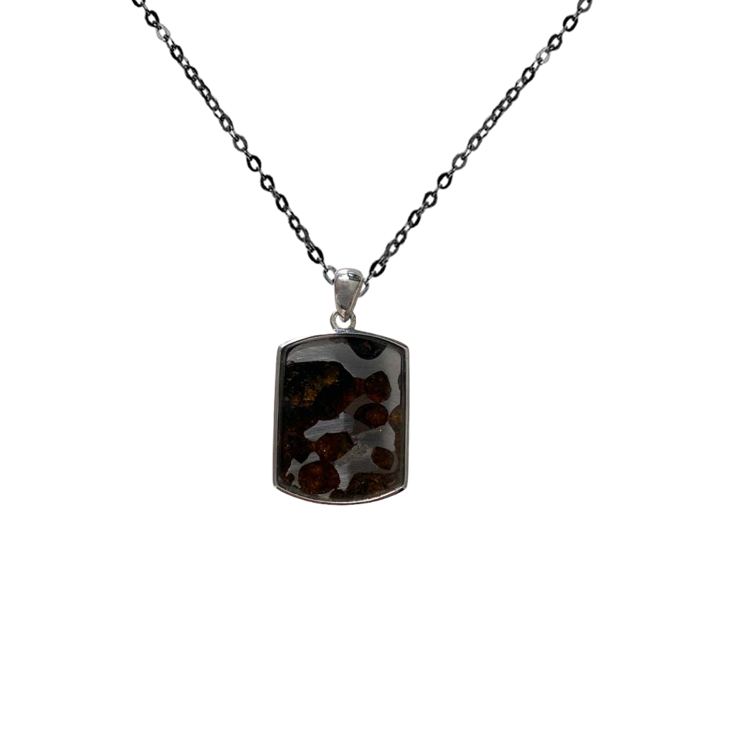 Rectangular pendant with sliced Sericho Pallasite meteorite