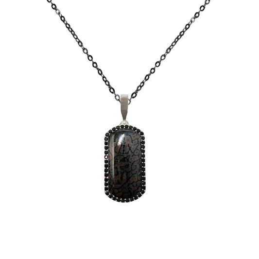 Rectangular pendant with Muonionalusta meteorite plate and dino agate.