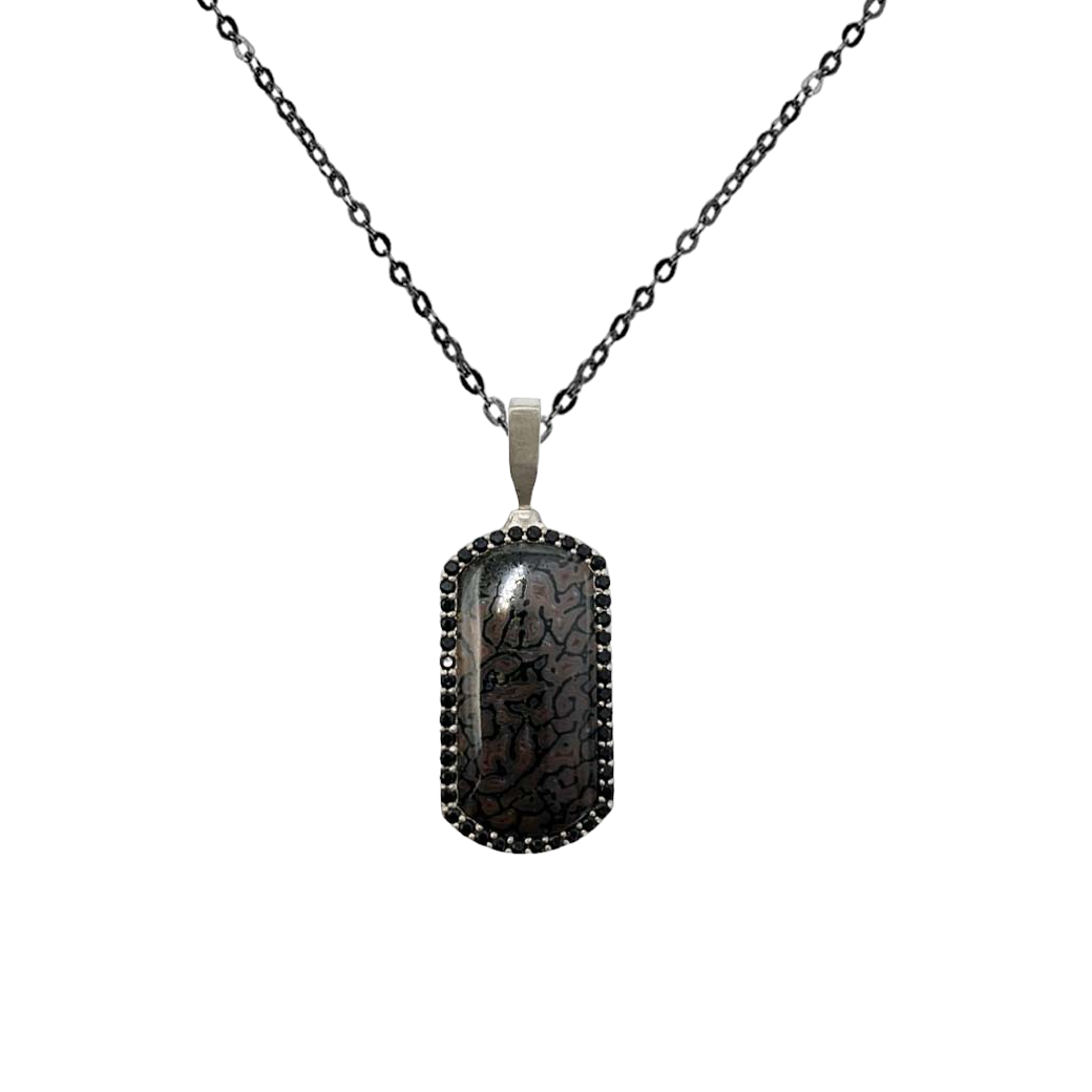 Rectangular pendant with Muonionalusta meteorite plate and dino agate.