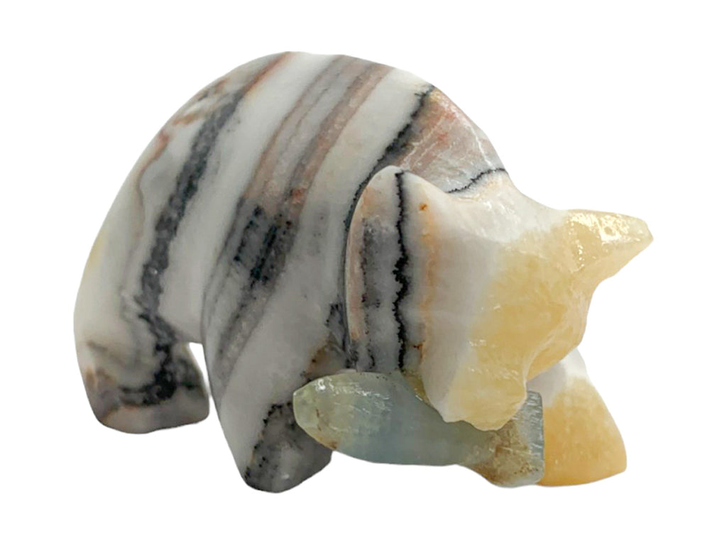 Zebra Calcite Grizzly Bear W/ Blue Onix Fish