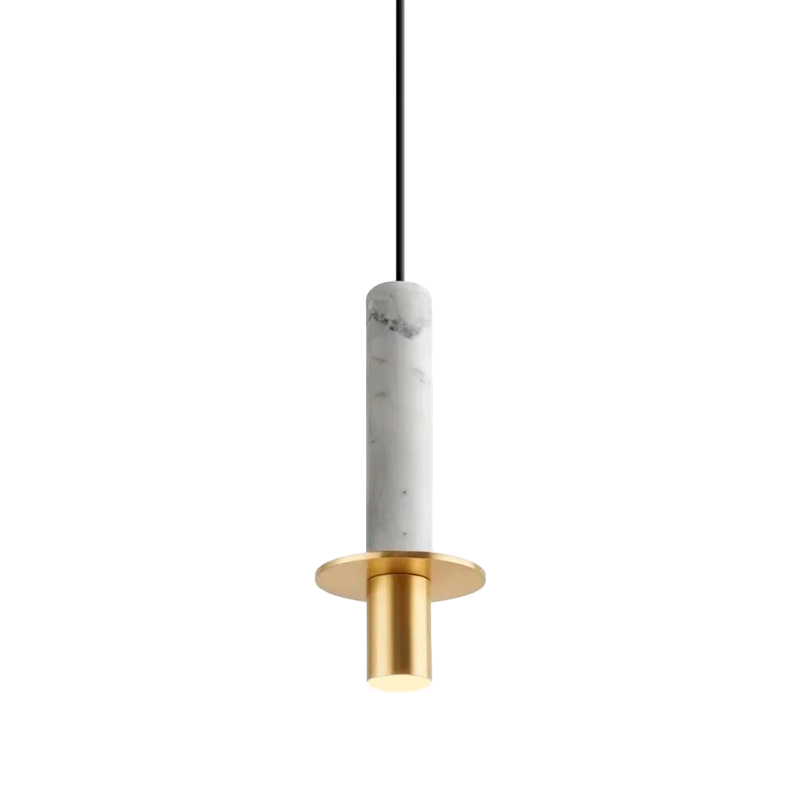 White Marble Cylindric Hanging Lamp With Metal Base And Support