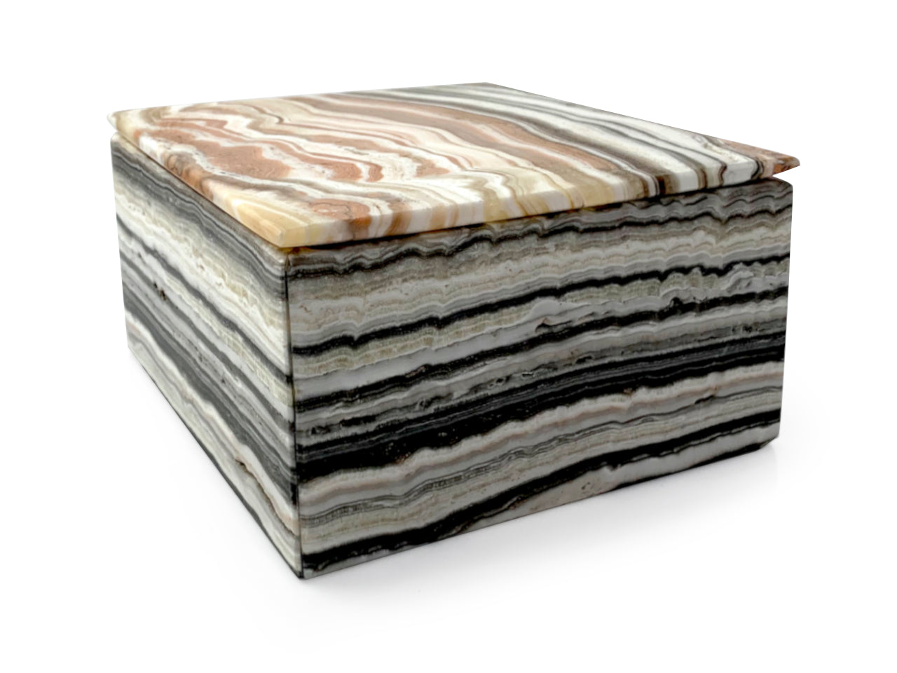 Polished zebra onyx square jewelry box 8 cm tall