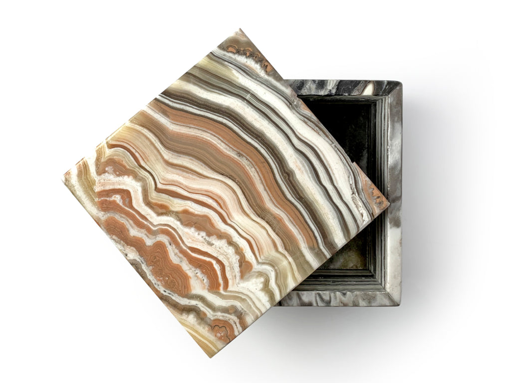 Polished zebra onyx square jewelry box 8 cm tall