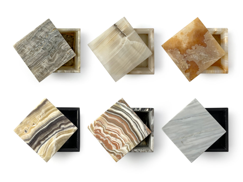 Polished zebra onyx square jewelry box 8 cm tall