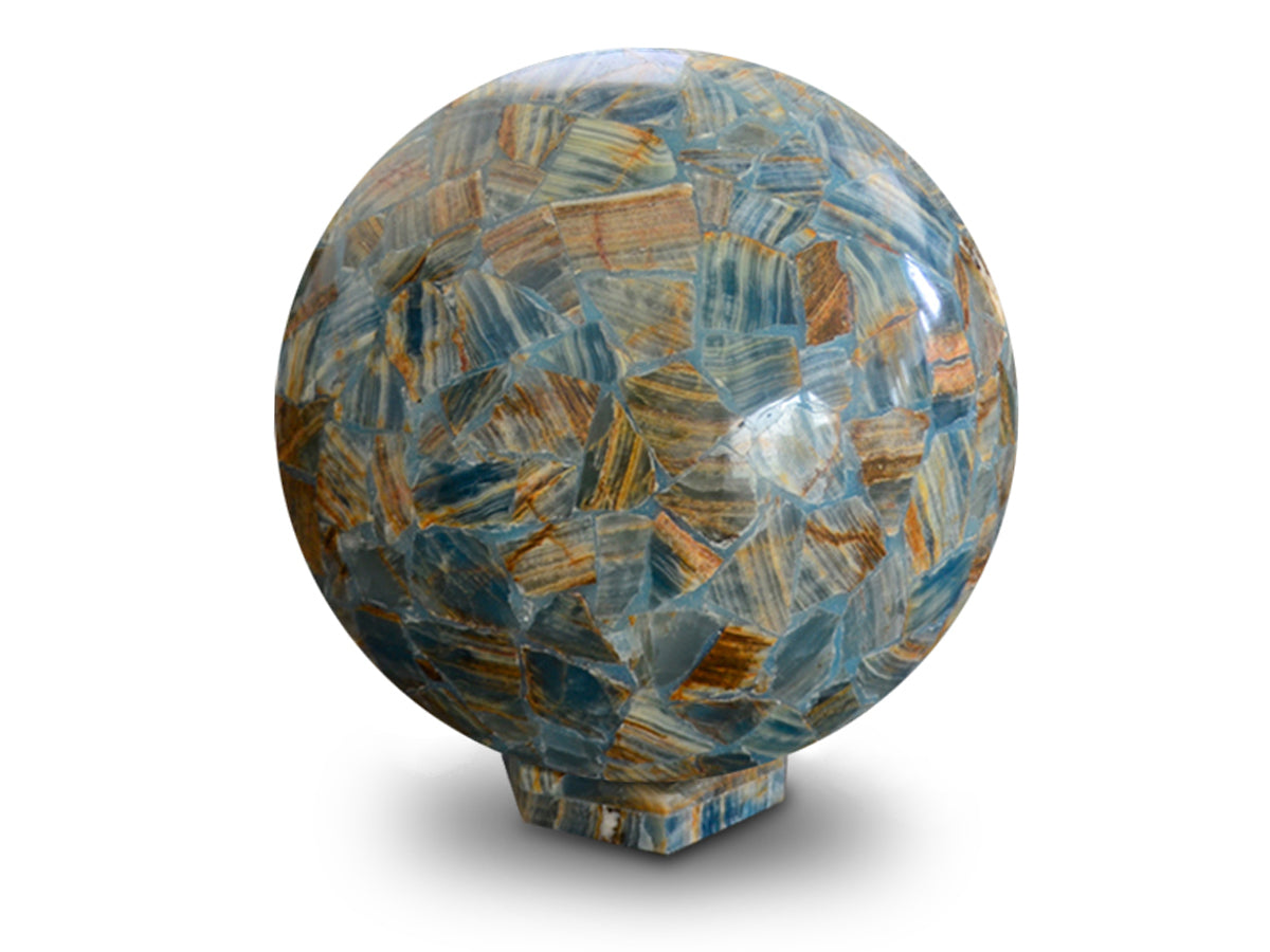 Polished blue onyx sphere lamp marquetry 40 cm tall