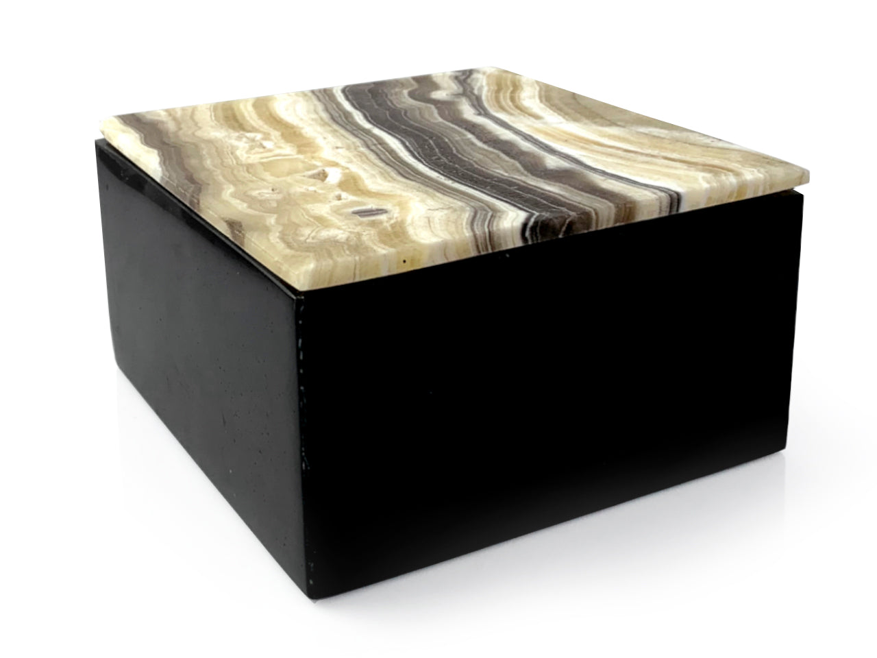 Black Onyx Jewelry Box w/ Zebra Onyx Lid (15x15x8.5cm)