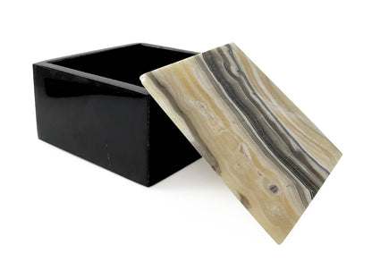 Black Onyx Jewelry Box w/ Zebra Onyx Lid (15x15x8.5cm)