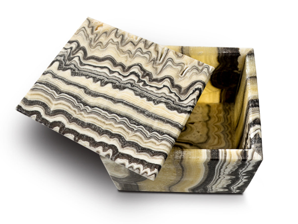 Polished zebra onyx jewelry box 10 cm tall