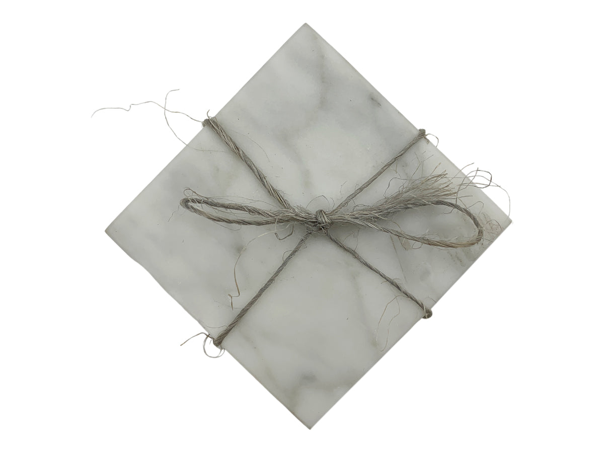 White Marble Calacate Square Coaster Set W / Ribbon 4 Pieces 9.5X9.5X4 Cm