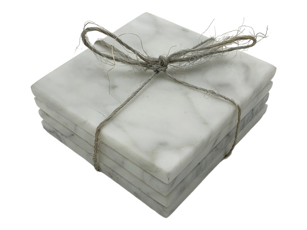 White Marble Calacate Square Coaster Set W / Ribbon 4 Pieces 9.5X9.5X4 Cm